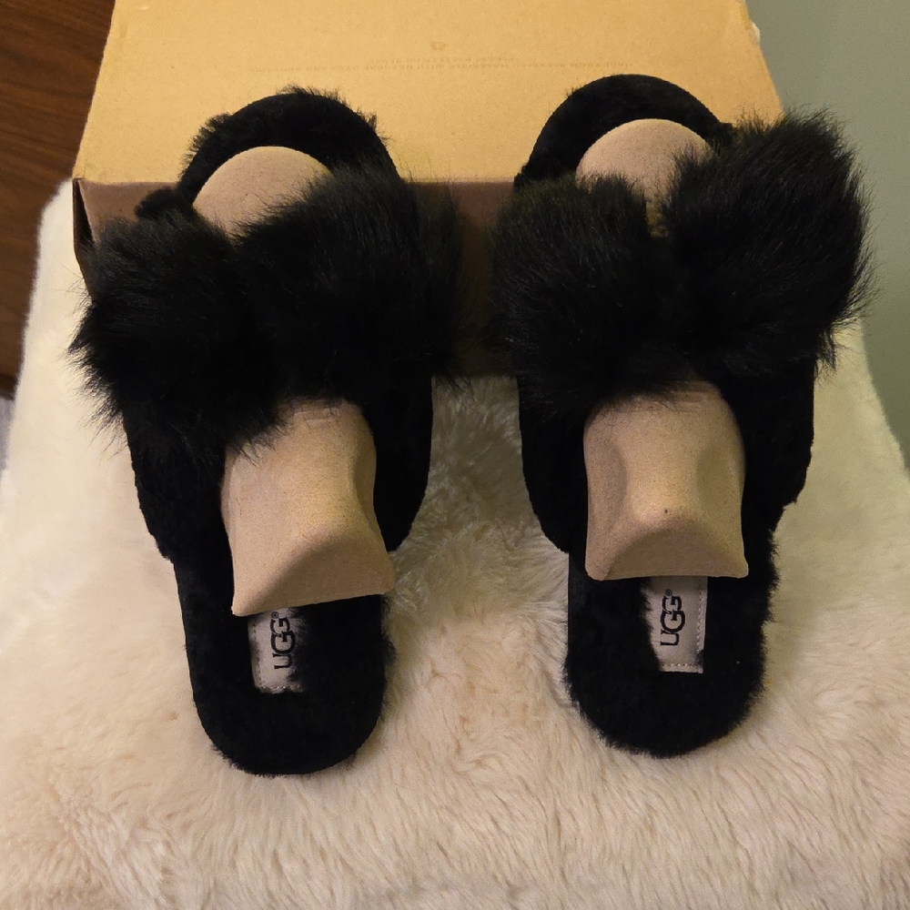 UGG Women's Plush Black Fur Slippers